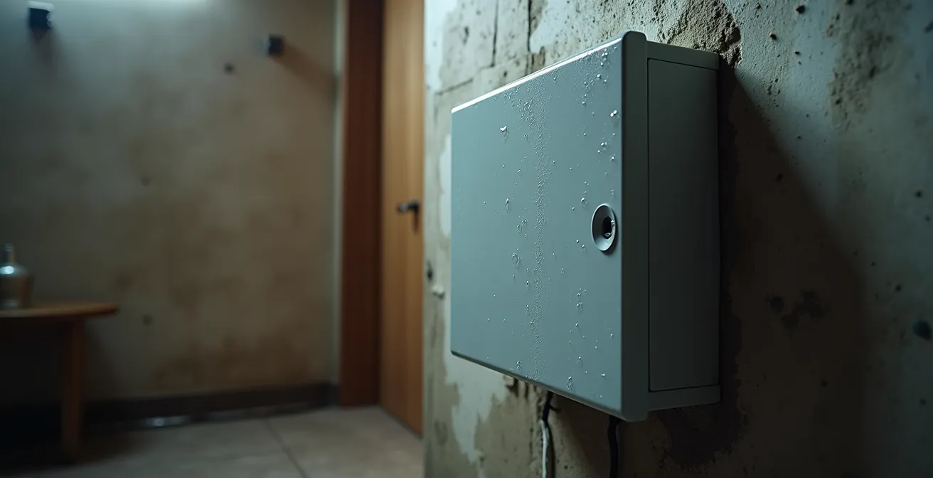 Vue d'ensemble d'un coffret électrique dans un environnement présentant des défis de protection avec des éléments d'humidité et de condensation visibles