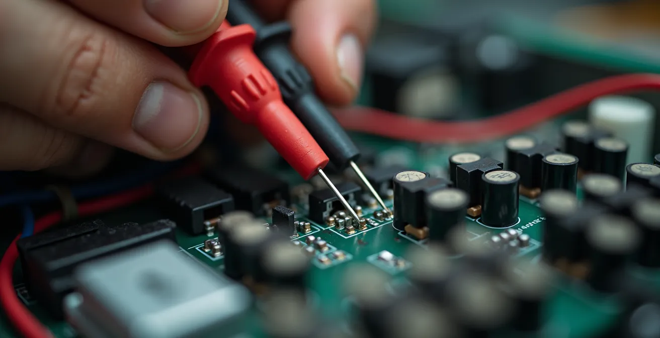 Gros plan sur les mains d'un électricien utilisant un testeur de différentiel