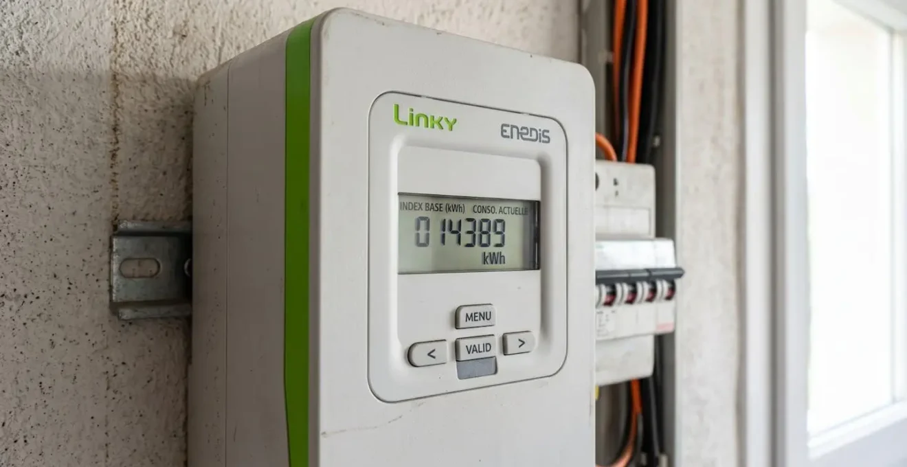 Gros plan sur un compteur électrique Linky avec son affichage numérique et ses boutons de commande dans un environnement contemporain net