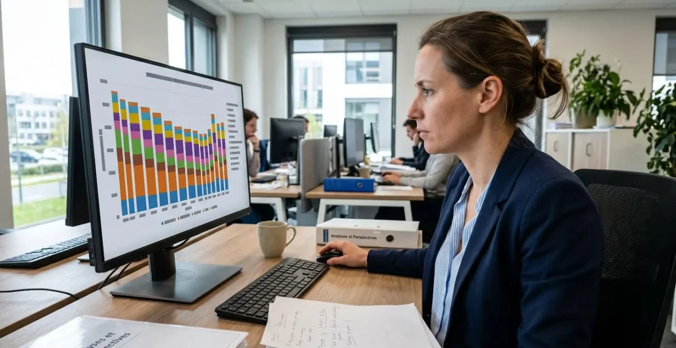 Vue par-dessus l'épaule de deux professionnels en tenue de travail contemporaine devant un grand écran affichant un graphique à barres empilées