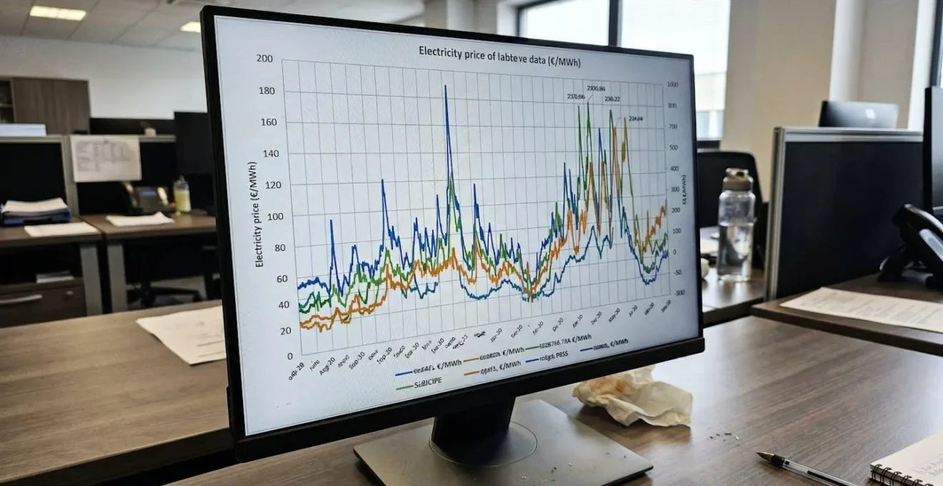 Gros plan sur un écran d'ordinateur affichant une courbe de prix de l'électricité en temps réel avec des pics et des creux marqués