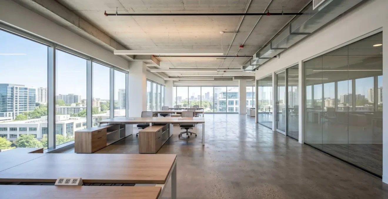 Vue en angle large d'un local professionnel vide et moderne en cours d'aménagement avec grandes baies vitrées laissant entrer la lumière naturelle