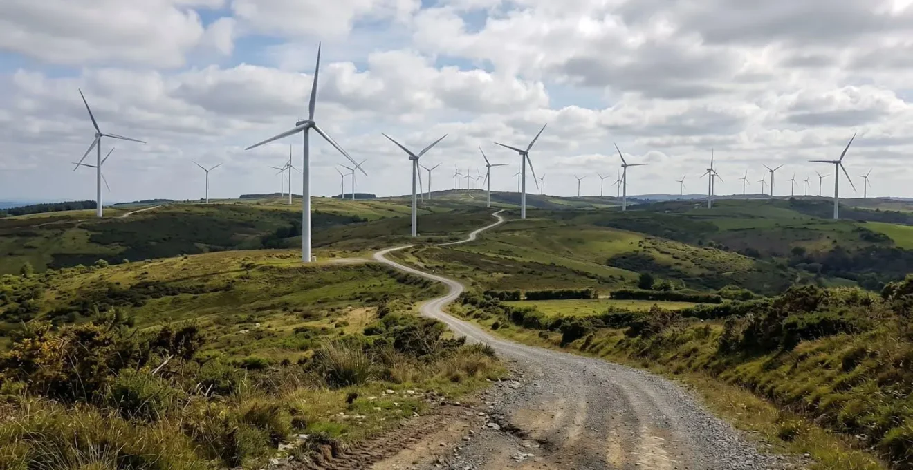 Vue grand angle d'un parc d'éoliennes modernes sous un ciel bleu dégagé en plein jour