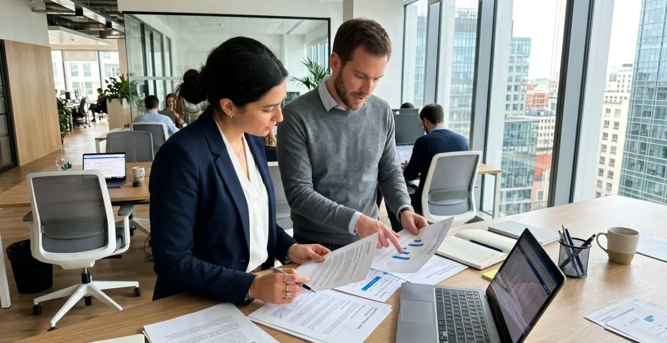 Deux professionnels vus de profil consultent ensemble des documents administratifs dans un bureau moderne baigné de lumière naturelle