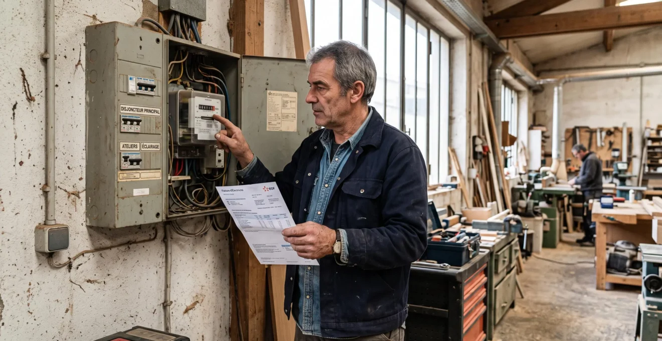 Un artisan vérifie son compteur électrique en tenant sa facture dans son atelier.