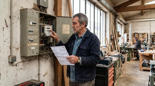 Un artisan vérifie son compteur électrique en tenant sa facture dans son atelier.