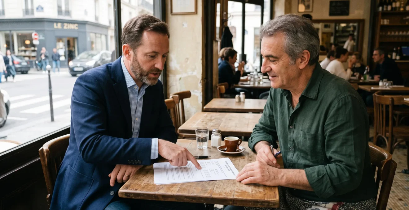 Un courtier en énergie explique un contrat à un restaurateur attablé.