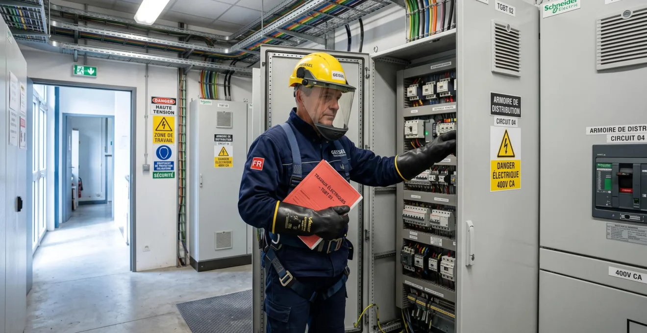 Un électricien équipé de vêtements de protection vérifie un tableau électrique dans une salle technique.