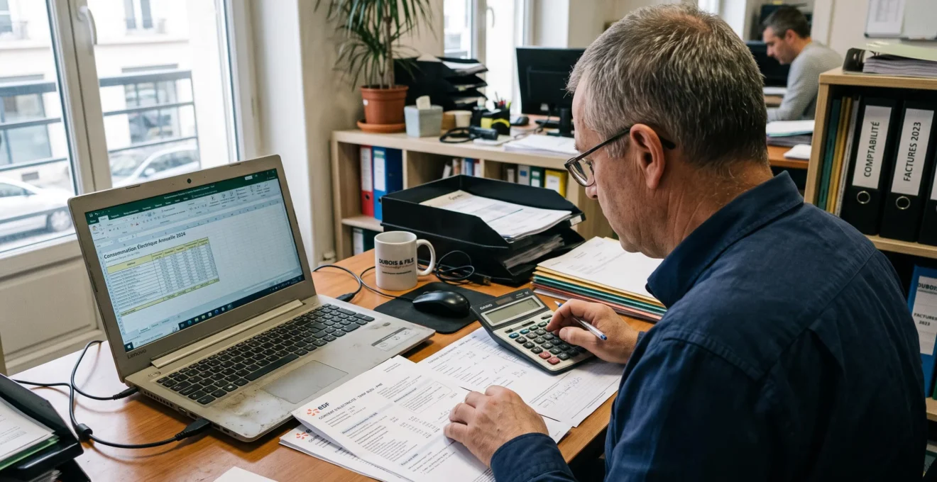 Un gestionnaire compare un contrat d'électricité et calcule un coût annuel au bureau.