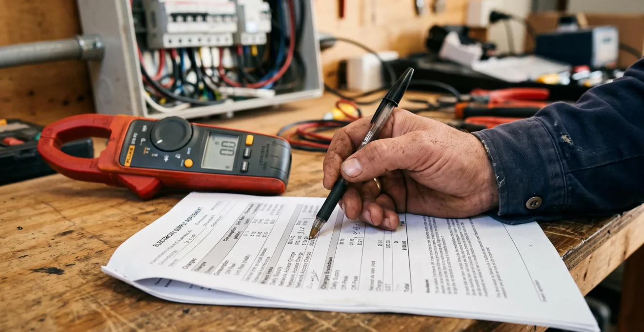Une main pointe la ligne des frais détaillés sur un contrat d'électricité imprimé.