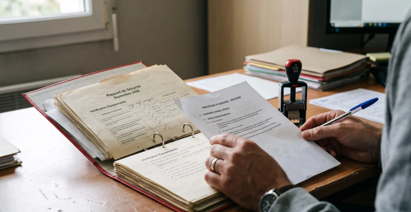 Des mains comparent un document imprimé avec un classeur de mise à jour sur un bureau.
